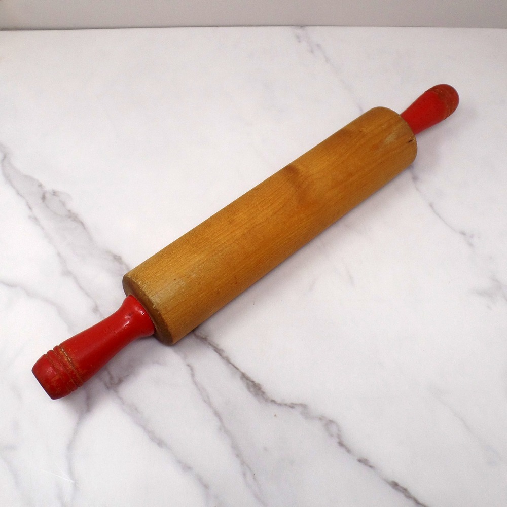 Vintage Wooden Rolling Pin with Red Handles